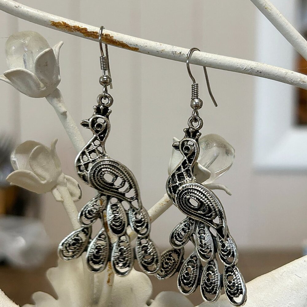Peacock Silver Tone Intricate  Bird Dangle French Hook Earrings